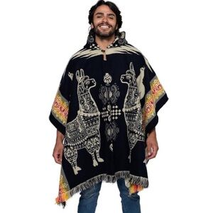 Hooded Alpaca Wool Poncho Llama Andean Handmade Fringe Boho Festival Unisex Cape